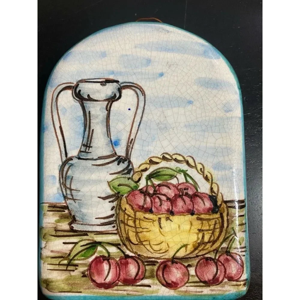 Vintage Italian Pottery Plaque - Basket Cherries & Carafe 5